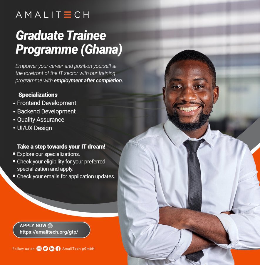 A lot of you have been waiting for this opportunity for months.
If you're interested, please apply asap because applications will remain opened for a few weeks and this may be the only cohort for this year. 

#WorkWithAmaliTech @AmaliTech_gGmbh #MilanLecce #ncfc #Africa