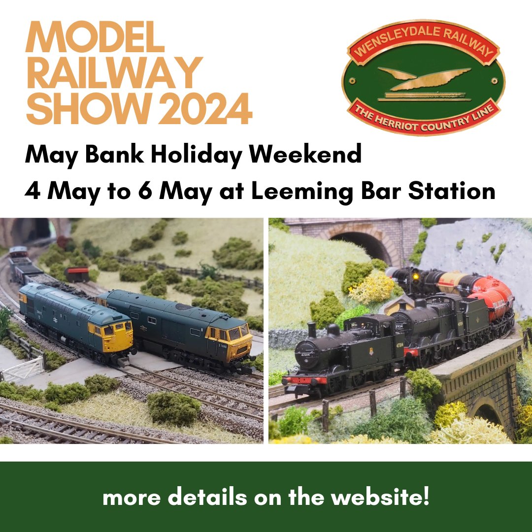 Our Model Railway Show is on 4, 5 and 6 May at Leeming Bar! Tickets and more information here: wensleydale-railway.co.uk/model-railway-… #TMRGUK #modelrailways #wensleydalerailway #yorkshire #railway #familyfun #yorkshiredales