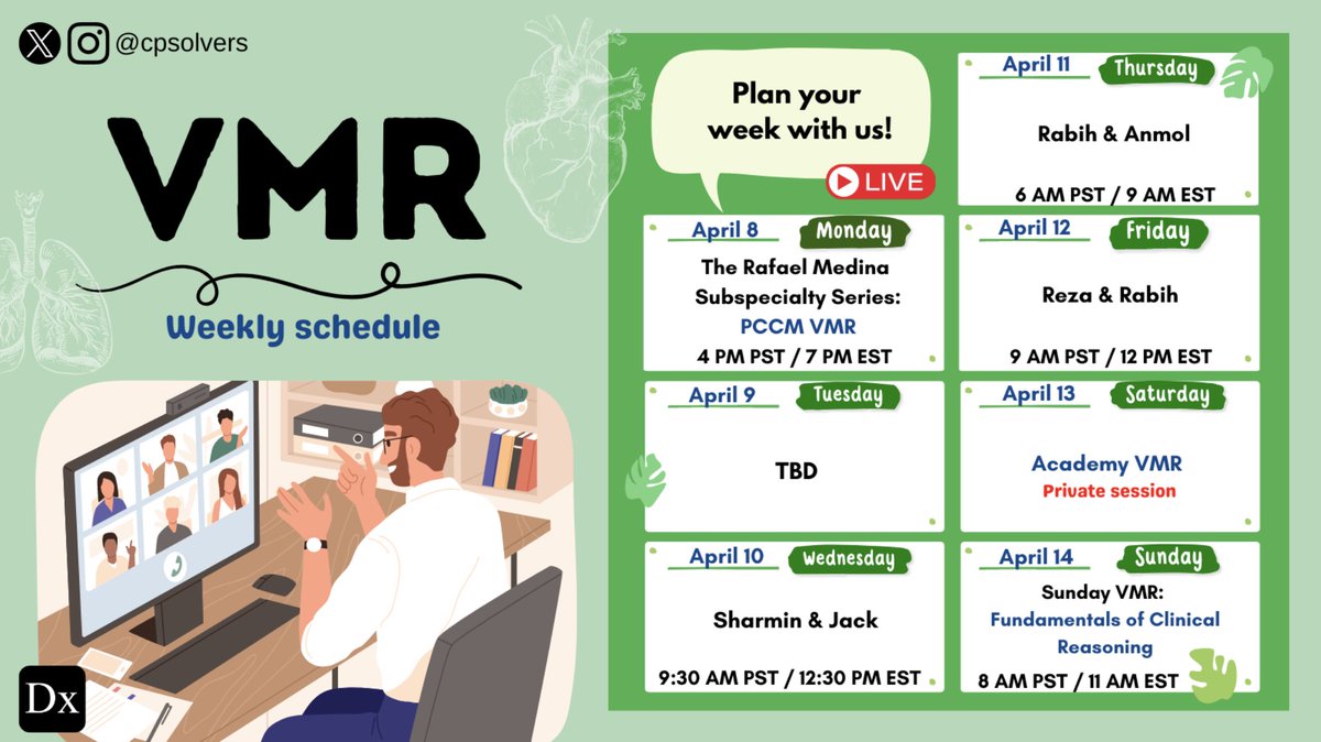 Plan your week with us #MedTwitter!

Check out this week's Virtual Morning Report line-up⬇️

We hope to see you there📷 Join us for our FREE live events here: bit.ly/31LWIKg