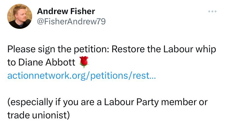 Columnist @FisherAndrew79 has been a consistent champion of anti-austerity economics, and is calling for labour movement activists to join more than 10,000 people in signing this petition calling on the leadership to #RestoreTheWhip to @HackneyAbbott: actionnetwork.org/petitions/rest…