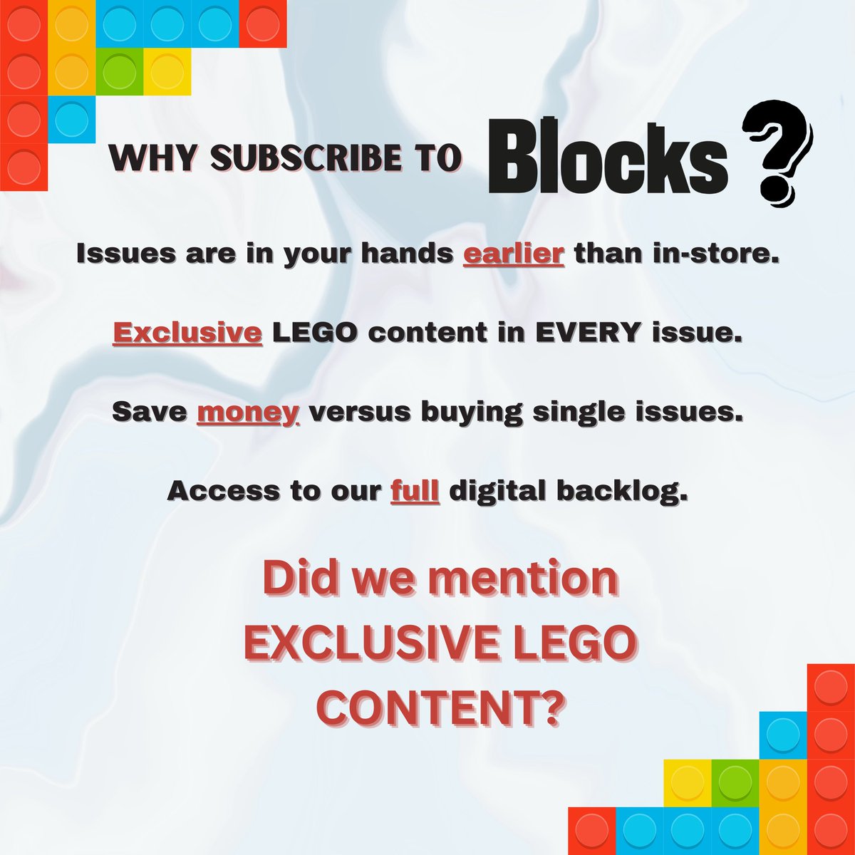 How will YOU benefit from your #Blocks subscription? Maybe it's the exclusive content you won't find on the internet, written by #AFOLs, for AFOLs. Maybe you're looking to save versus buying individual issues from your local newsstand. #BlocksMagazine