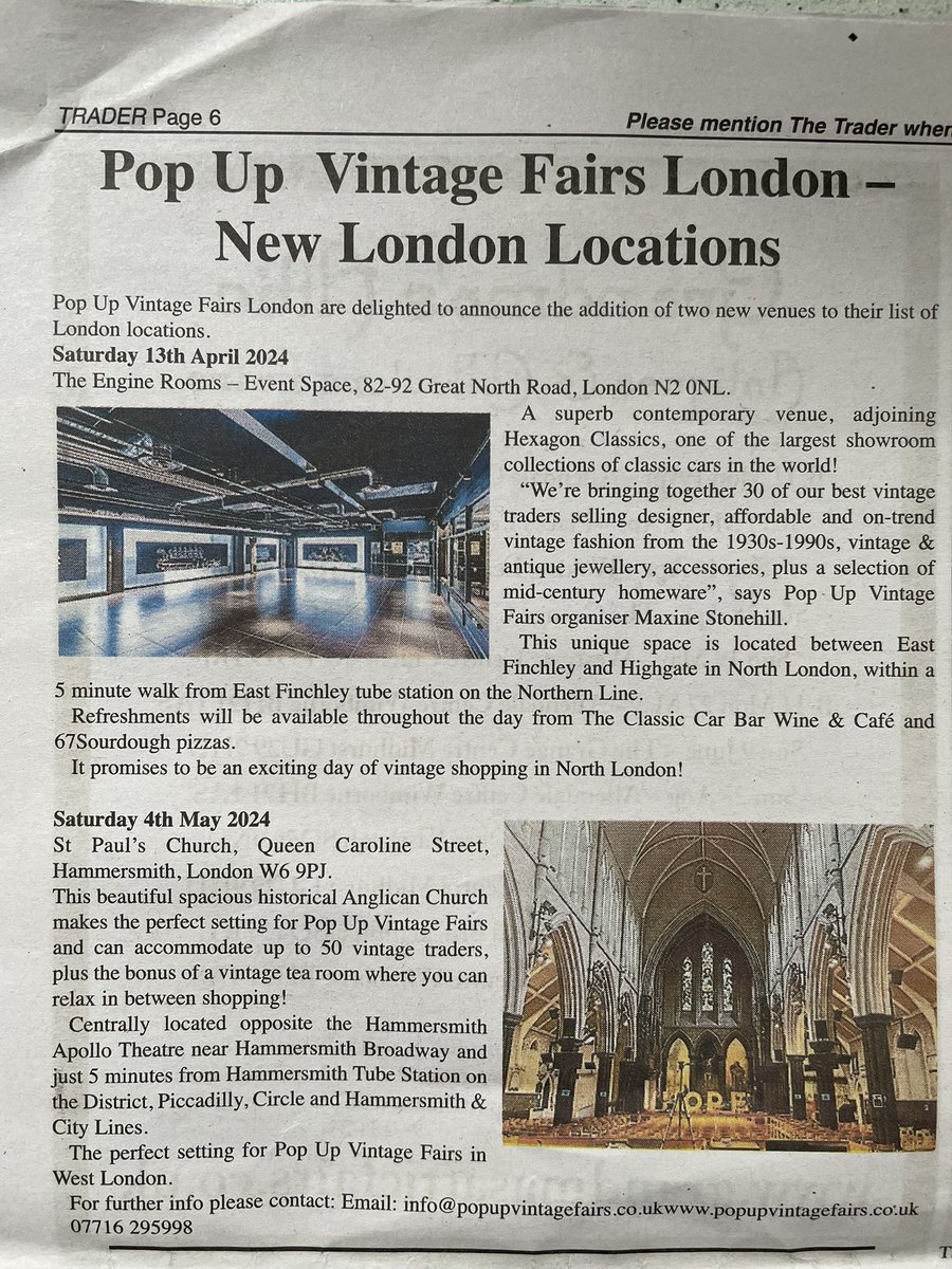 Pop Up Vintage Fairs (@pop_up_vintage) on Twitter photo NEXT SAT 13th APRIL
11-4pm
Vintage Shopping, classic cars, cafe, wine & pizza bar! 🛍️🍕🍷☕️🥐
The Engine Rooms at Hexagon Classics
82-92 Great North Road, London N2 0NL
<a href="/EastFinchleyN2/">East Finchley</a> <a href="/eastfinchleybiz/">East Finchley News</a> <a href="/iloven2/">I Love N2</a> <a href="/NrthLondonNews/">North London News</a> <a href="/MuswellHillNews/">MuswellHillNews</a> <a href="/NorthLondonHour/">NorthLondonHour</a> NEXT SAT 13th APRIL
11-4pm
Vintage Shopping, classic cars, cafe, wine & pizza bar! 🛍️🍕🍷☕️🥐
The Engine Rooms at Hexagon Classics
82-92 Great North Road, London N2 0NL
<a href="/EastFinchleyN2/">East Finchley</a> <a href="/eastfinchleybiz/">East Finchley News</a> <a href="/iloven2/">I Love N2</a> <a href="/NrthLondonNews/">North London News</a> <a href="/MuswellHillNews/">MuswellHillNews</a> <a href="/NorthLondonHour/">NorthLondonHour</a>