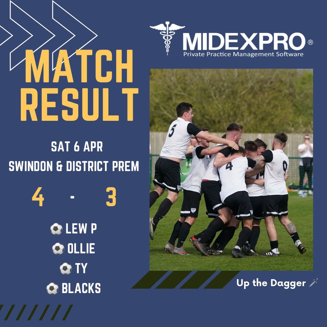 MATCH RESULT What a way to win a game of football. 2-0 down. 2-2. 3-2 down then to win 4-3 in the last minute. This month all of a sudden becomes interesting. @NBlackford24 ⚽️ @IM_Ollie_Clark ⚽️ Ty ⚽️ @LewP10 ⚽️ Up the daggerrrr