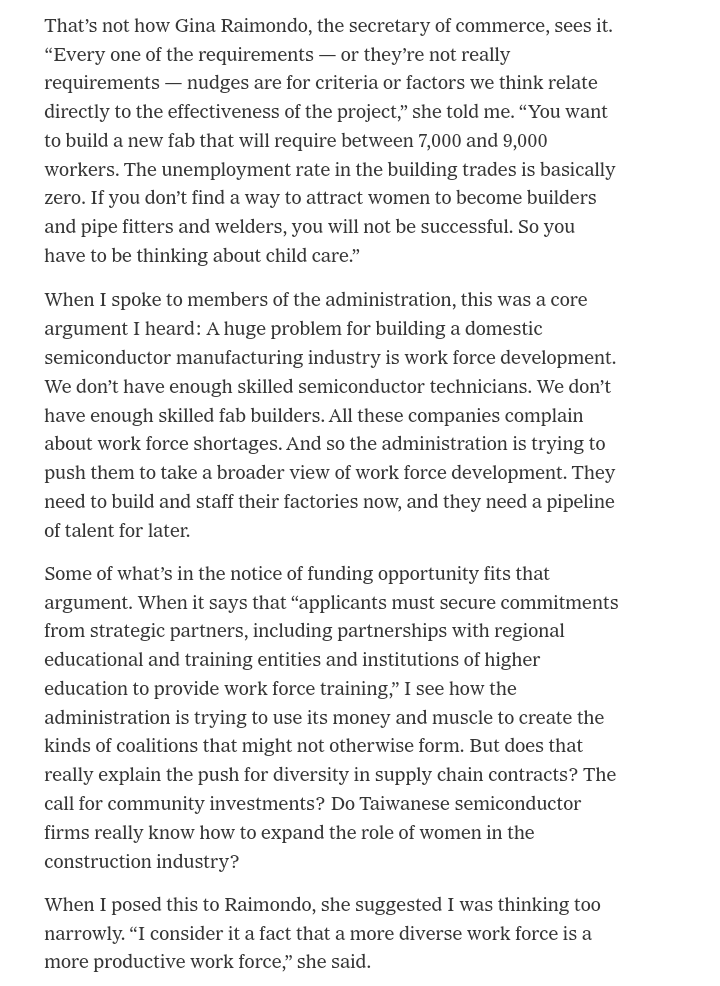 Ezra Klein, once the main character of liberalism, has lost the mandate of heaven to diversicrats. What an amazing exchange

>behold our plans to force TSMC use female pipefitters and millwrights and provide them childcare
>how will this help us build more chip fabs
>chip fabs?