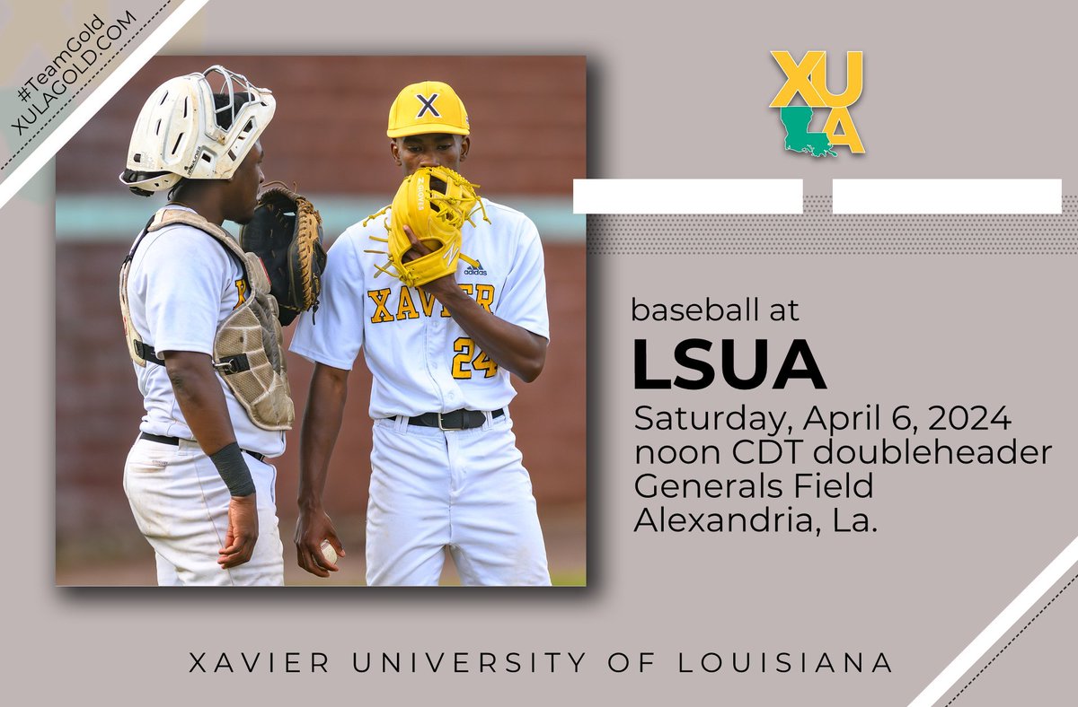 Final 2 games of conference road series.
• Tickets: is.gd/ygPpRP
• G1 video: is.gd/RMISqY
• G2 video: is.gd/RMISqY
• G1 stats: is.gd/f6useU
• G2 stats: is.gd/Pnd3CB
#TeamGold #HailAllHailXU #NAIABaseball #HBCU #XULA