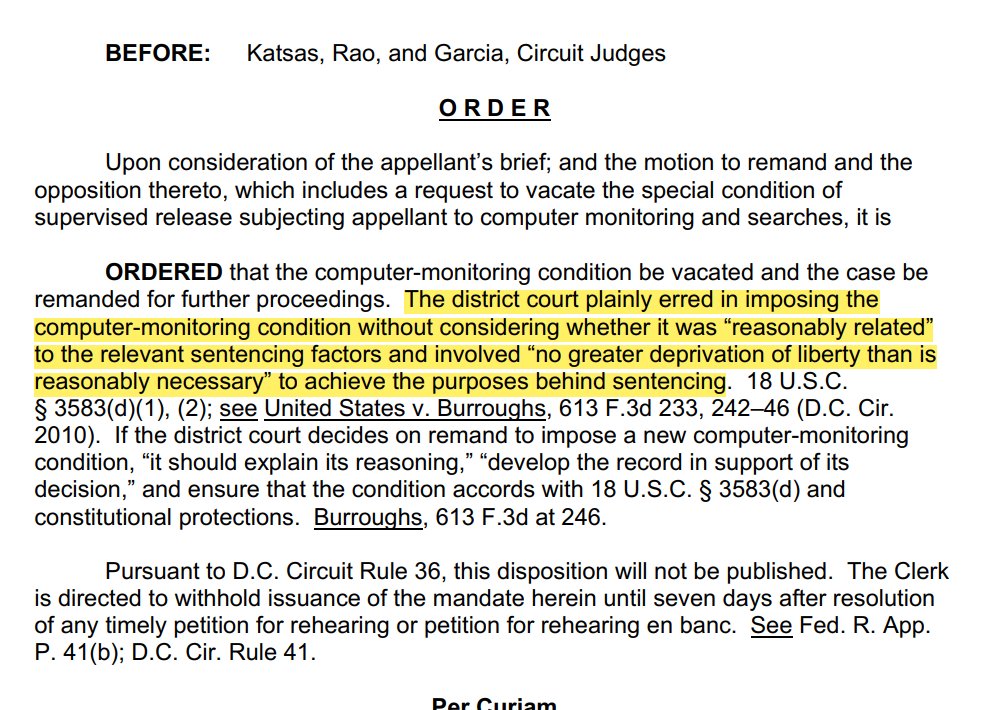 julie_kelly2's tweet image. Appellate court decision on Walton's unconstitutional and lawless order that the government spy on the computer of a J6 defendant to make sure he was not consuming what Walton considers wrongthink.