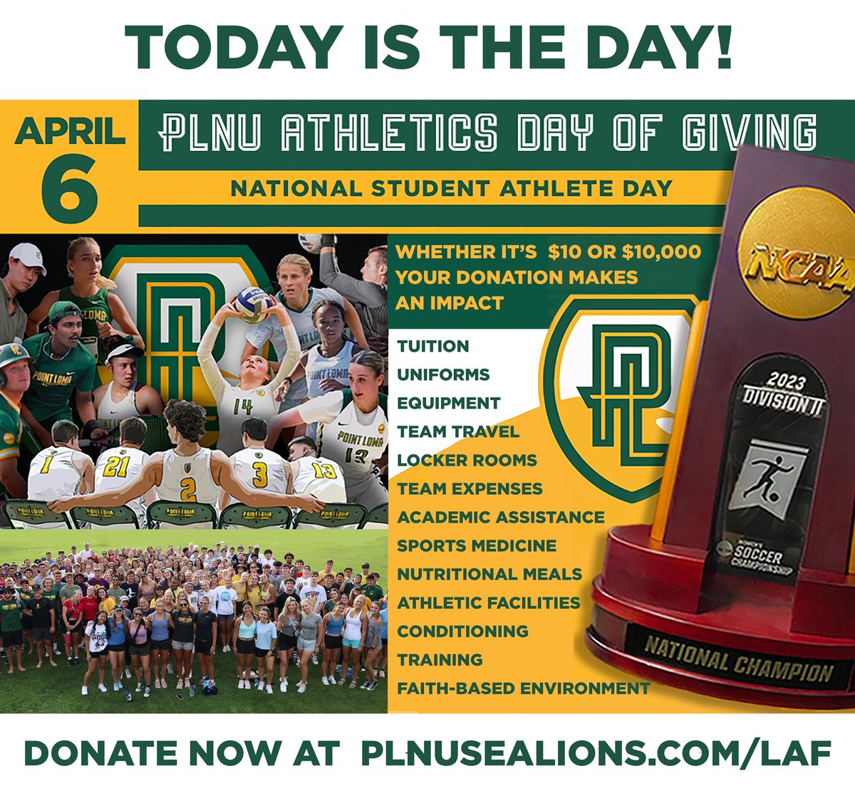 TODAY IS THE DAY!

Celebrate #NationalStudentAthleteDay by donating to your favorite <a href="/PLNUSeaLions/">PLNU Sea Lions</a> team.

plnusealions.com/LAF