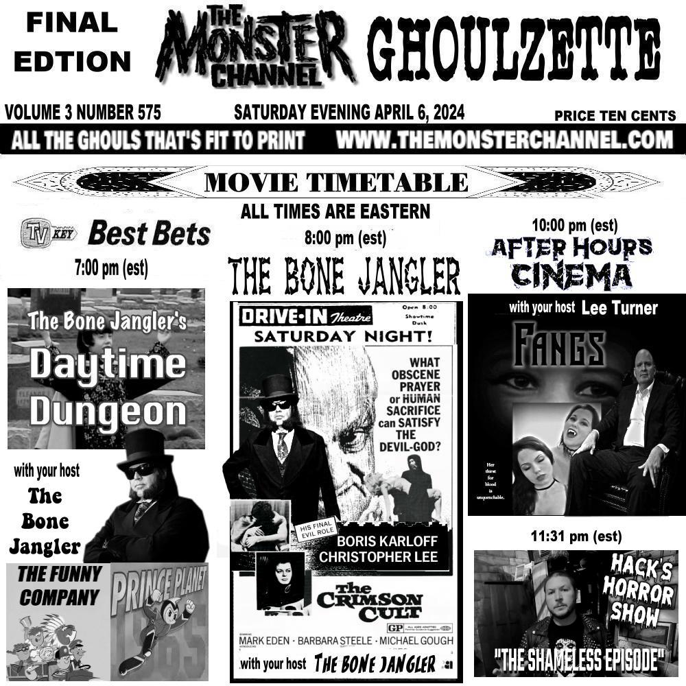 EerieLateNight's tweet photo. Saturday evening on The Monster Channel!
https://t.co/NvRAe8VnaE
#TheDaytimeDungeon #TheBoneJangler #AfterHoursCinema #HacksHorrorShow https://t.co/FO16iJIqIx