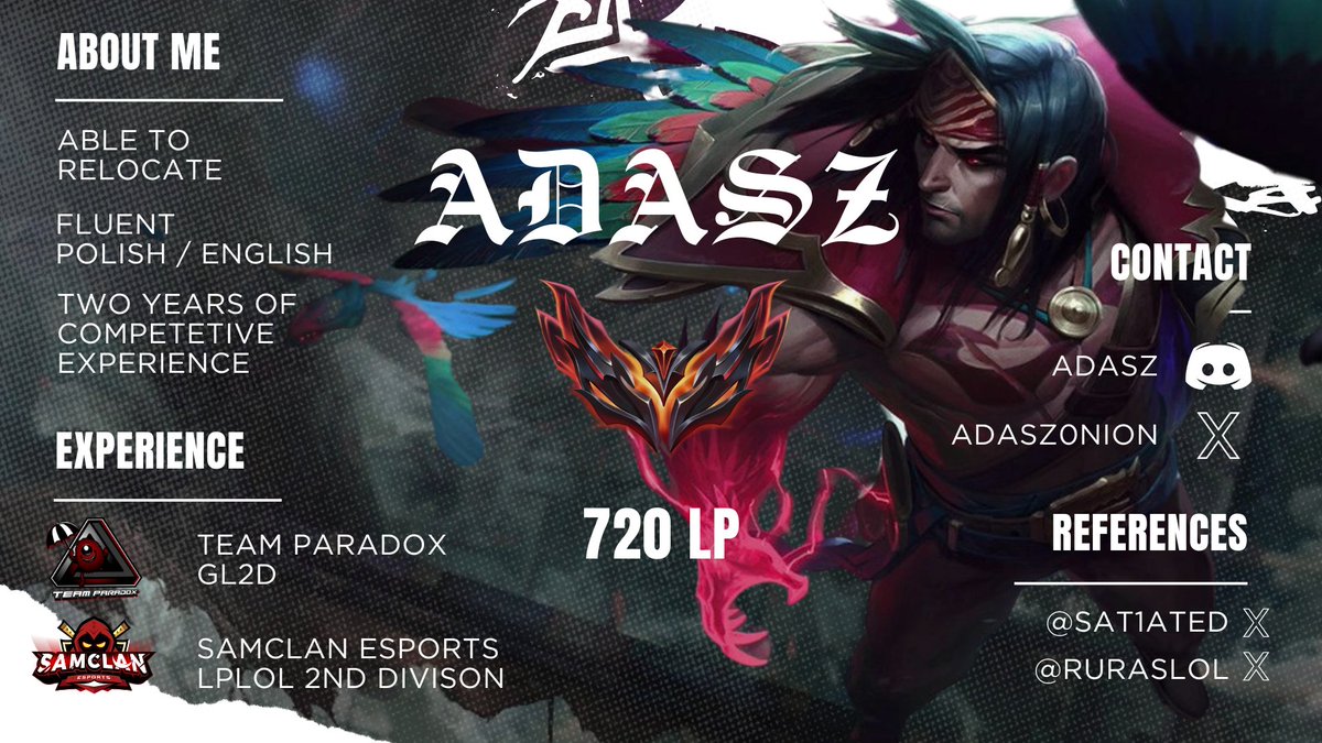 After winning LPLOL 2nd Division Spring split with <a href="/SAMCLANesports/">SAMCLAN ESPORTS CLUB</a> i'm LFT for the summer split, I'm looking only for ERL1/2. For more info and POVs from officials contact me upon twitter or discord.

❤️&amp;📩appreciated.