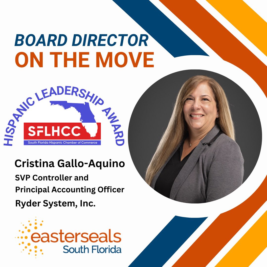 Please join us in congratulating #EastersealsSouthFlorida Board director Cristina Gallo-Aquino! Cristy has been selected to receive the prestigious 2024 Hispanic Leadership Award in the Business category from the @LilyLopezSFLHCC.

@RyderSystemInc #womenleaders #hispanicleaders