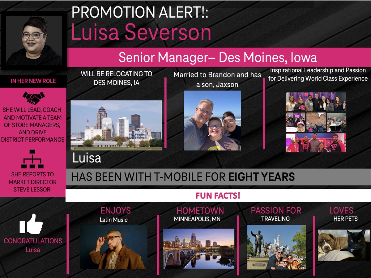 Please join me in congratulating @LuisaSeverson on her new role, leading our #TMobile #DesMoines #Iowa team!!