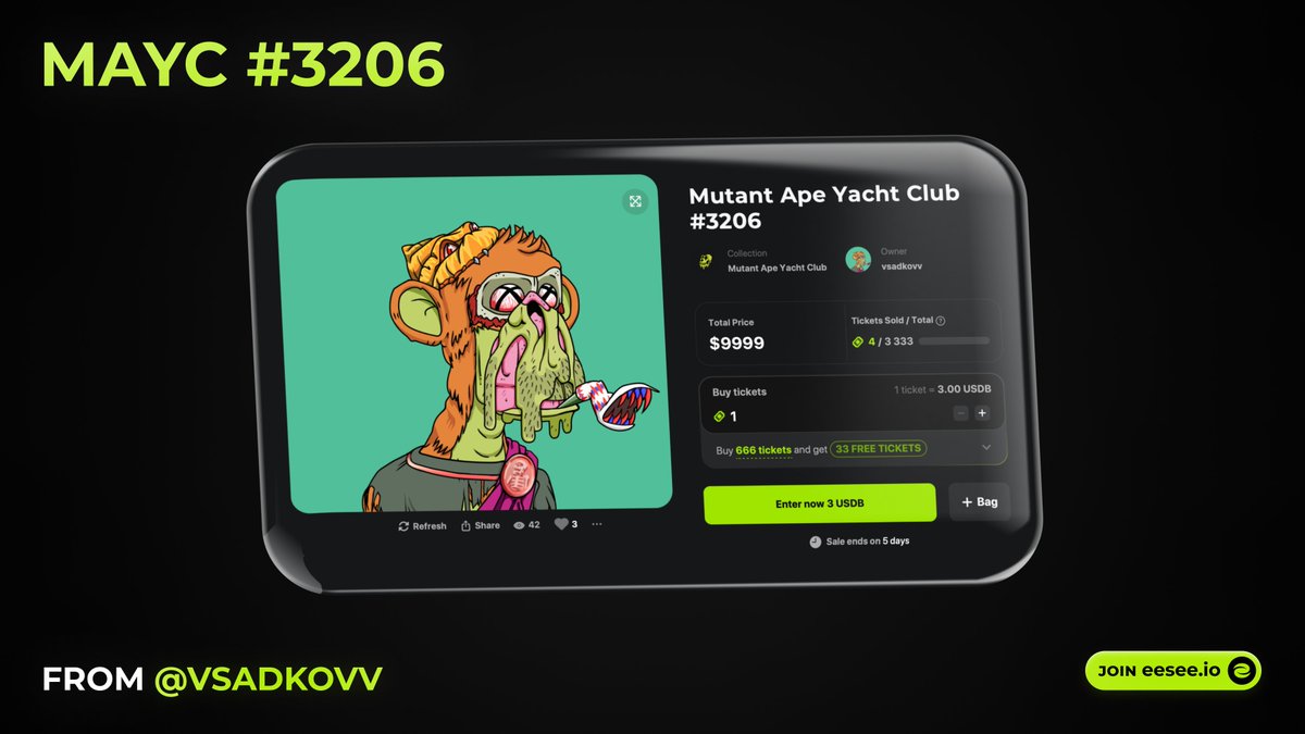 I'm raffling my MAYC #3206 with $3 entry price. Live. On eesee - eesee.io/asset/BlastMai…

eesee Mainnet is live, which means it's time for me to keep my long-standing promise 

It's gonna be hard to let it go, but that's the way folks. Everything for the community 🙌

My
