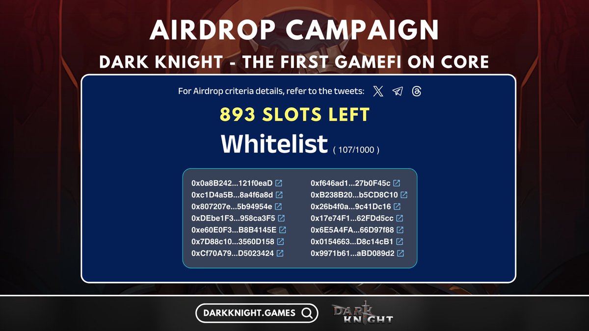 dark_knightgame's tweet photo. #Airdrop Campaign

Dark Knight - The first GameFi on @Coredao_Org  

🎮 Amount: 500,000 $DARK 

⚔️ Reward: 500 $DARK for 1000 random participants each 

📅 Distribution Date: After #DEX listing 

15 lucky winners will have a chance to win exclusive #NFT 

Participate at: https://t.co/RUFhwavCJn

1⃣ Like & Retweet this post

2⃣ Tag 3 friends