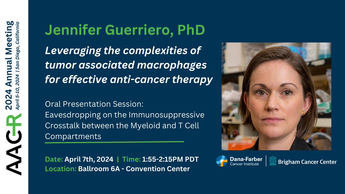 Join Dr. Jennifer Guerriero (@jennguerriero) Sun April 7th for her presentation on leveraging the complexities of tumor associated macrophages for effective anti-cancer therapy.
Check out the #AACR24 abstract here: 
abstractsonline.com/pp8/#!/20272/p…