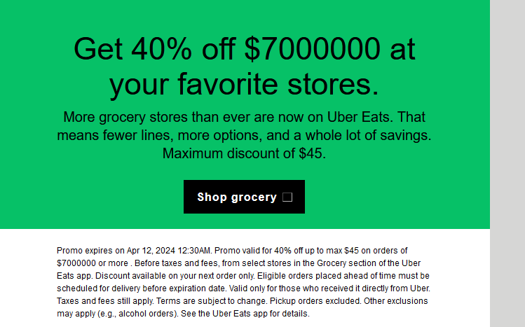 D_Jubenville's tweet photo. Hey @UberEats. Just received the following promotion from you.

Someone obviously failed math class. Also, it is April 6th, not April 1st today. https://t.co/1CFr3gEzwH