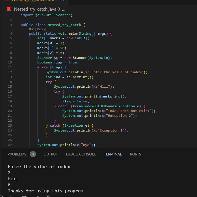 sklearner1's tweet image. Day 79 of #LearningJava 
On Day 79 of my #LearningJava journey, I learned about nested try-catch blocks in Java. It was an interesting concept to understand.