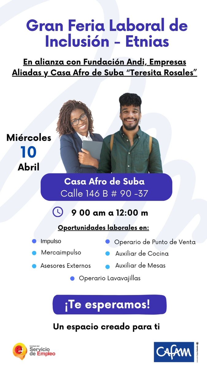 csierrap5504's tweet photo. ¡Necesitamos de tu ayuda!
Están buscando 100 personas AFRO para TRABAJAR en #Bogotá
Varias empresas se unieron para dar trabajo, pero NO hemos podido contactar la cantidad de Personas suficiente.🙏🏼 
📍10 de Abril-Casa AFRO Suba
📍12 Abril - Alcaldía Engativa
#Compartir 🔁 https://t.co/188jq2XUHW