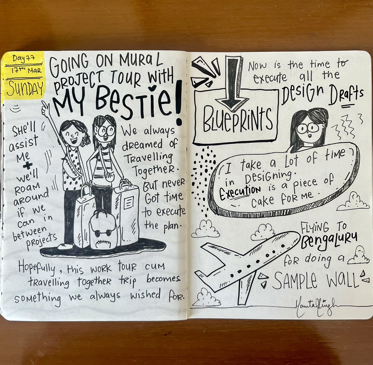 Day 77 | Sunday, 17th March 2024 Travelling with bestie for projects @ihoneybedi #doodlejournal #journaling #dailyjournal #bff #travelling