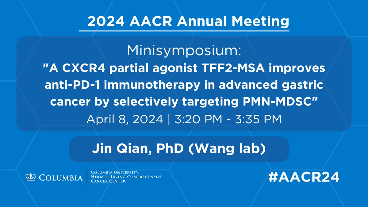 New research from the lab of Timothy Wang, MD tomorrow at #AACR24 exploring the efficacy of CXCR4, a partial agonist, in mouse models of advanced gastric cancer. abstractsonline.com/pp8/#!/20272/p…