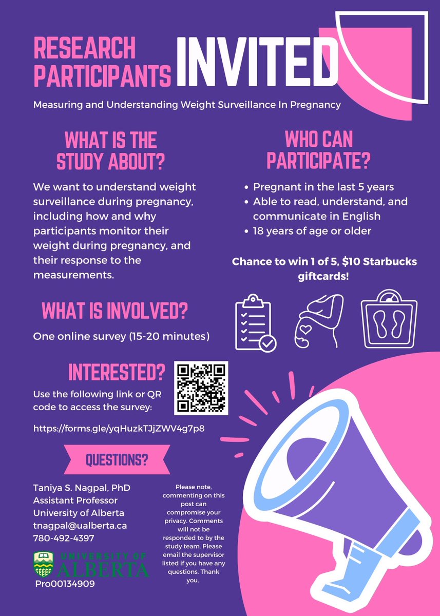 Have you been pregnant in the last five years? @UAlbertaKSR student Emily and @TaniyaNagpal11 are running a study on measuring and understanding weight surveillance in pregnancy! Click the link to learn more: forms.gle/H5yZXtdKFFUqJZ…