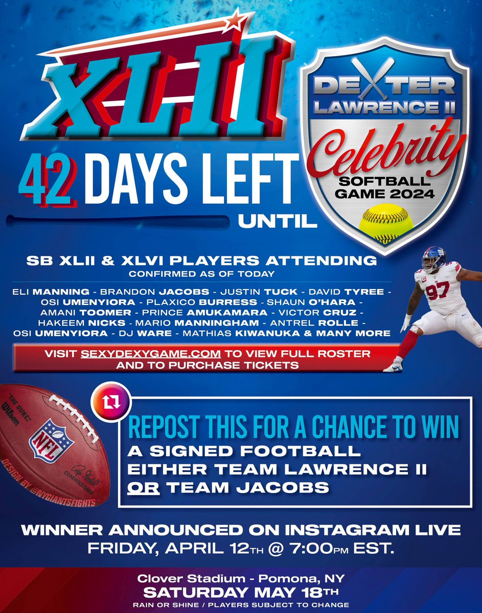 🚨REPOST AND WIN🚨 Tix to the Dexter Lawrence celebrity 🥎 game are on sale now @ SEXYDEXYGAME.COM Superbowl champs from 42&46 & other NY Giants greats are taking on Dexter Lawrence & the current New York Giants team in dodgeball, HR derby and a softball game. 🚨RE-POST…