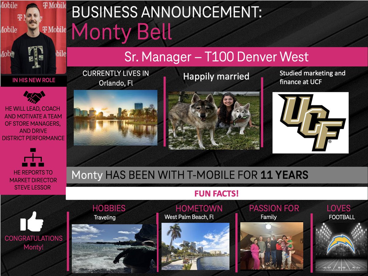 Please join me in congratulating @Monty_Bell5 on his new role and promotion, leading our #TMobile #Denver #West #Colorado team!!