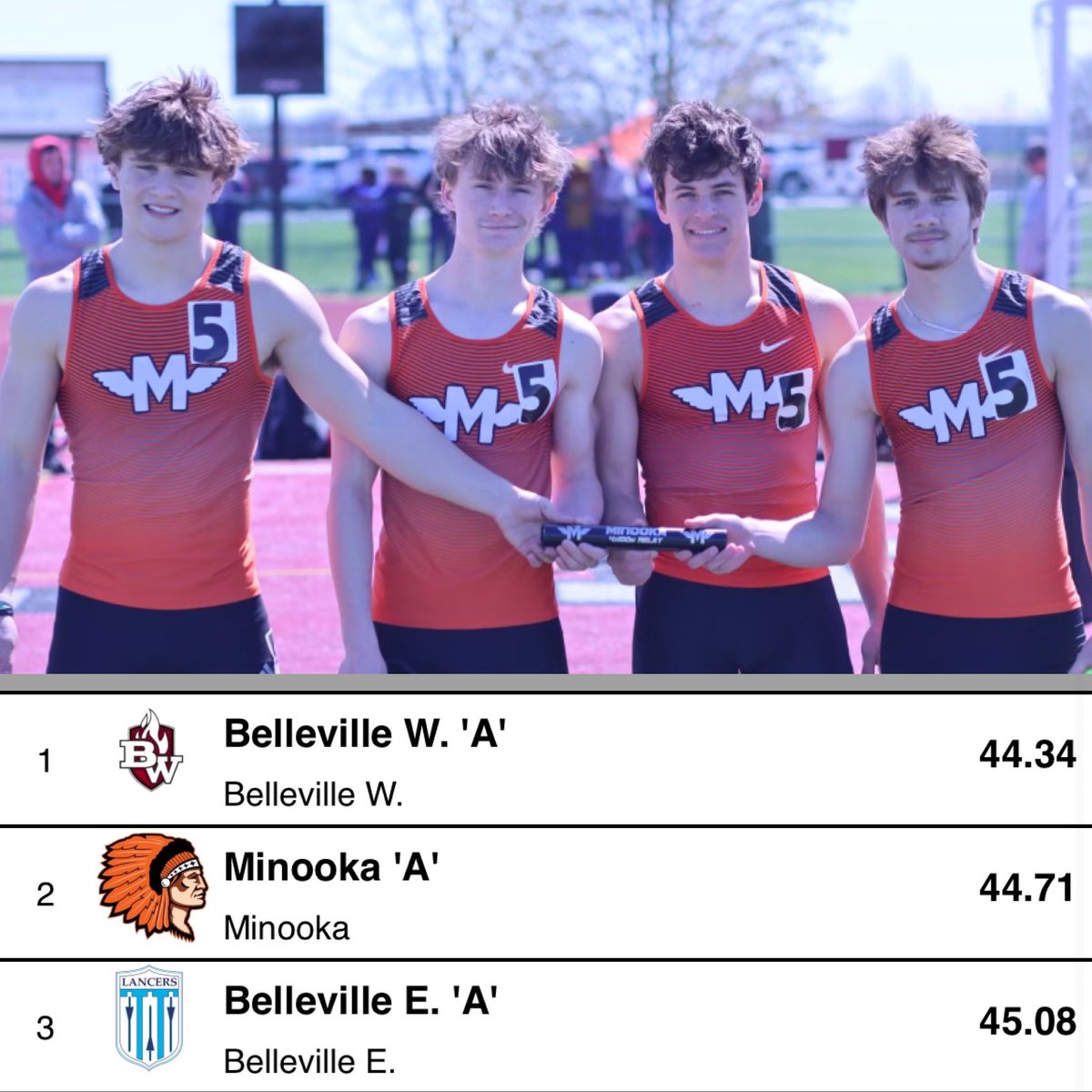 Fr/So 4x100 opens the season on a fast note! ⚡️⚡️⚡️2nd out of the second fastest section. #BellevilleWest24 #SmithStrong