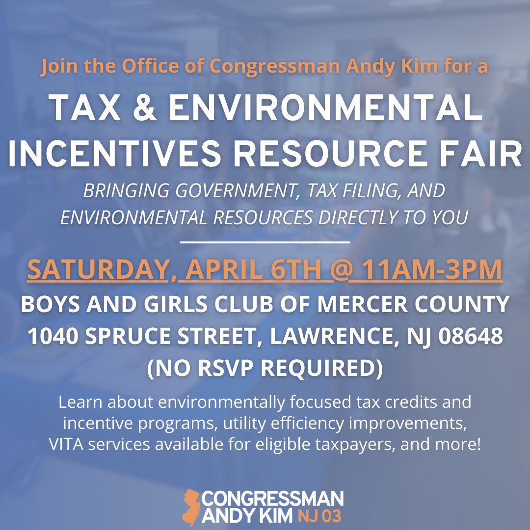 Today is the day! Come learn about tax credits, incentive programs, utility efficiency opportunities, and direct tax assistance programs at our resource fair. Our office and other resources are at the Boys and Girls Club of Mercer County until 3 PM.