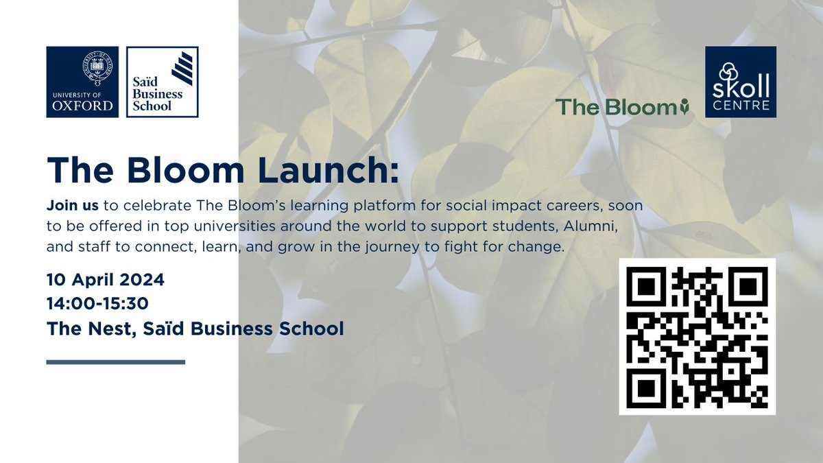 SKOLL WORLD FORUM - FREE OPEN EVENT ANNOUNCEMENT! 🤩 Please join us on Wednesday 10th April 14:00-15:30 in The Nest to celebrate The Bloom's learning platform for social impact careers. Read more and register for free here: lu.ma/x3skqbwh !