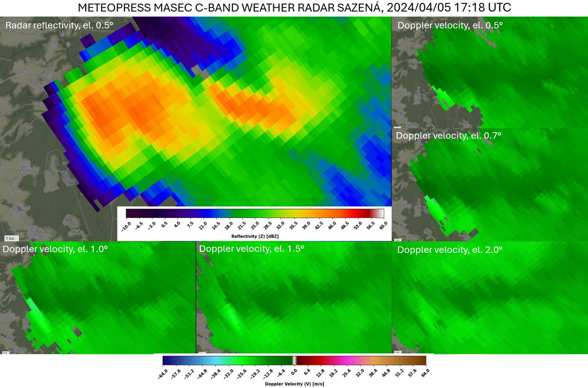 ⚡️Včerejší bouřky, z nichž některé byly tzv. low-topped supercely, zachytil i náš radar MASEC. Na snímku je low-topped supercela, která postupovala od Plzně a rozpadla se jižně od Prahy, zachycená v čase 19:18 SELČ východně od Plzně nad pohořím Brdy. 📡