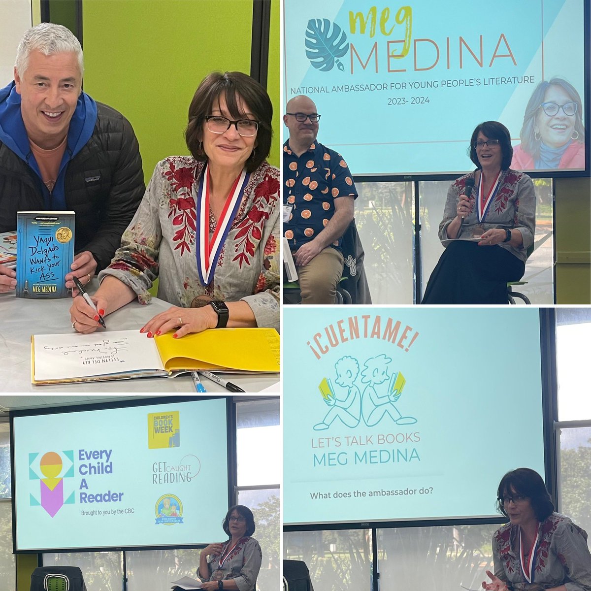 What an honor. Meeting #MegMedina, our National Ambassador for Young People’s Literature. Her office sits atop #TheLibraryofCongress. Criss-crossing the country, Meg reaches out to children to promote storytelling and love of books. #Cuentame She is our National Treasure. 🙏🏽❤️📚