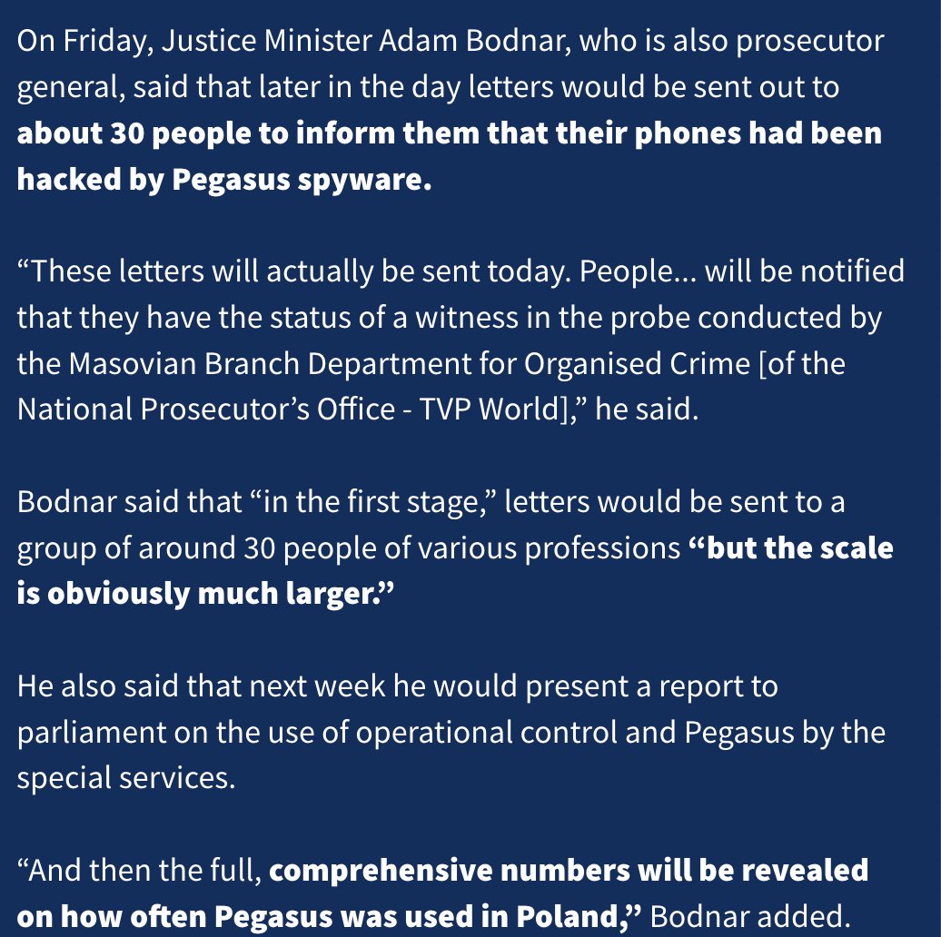 NEW: Polish Government has begun notifying #Pegasus spyware targets. Remarkable to see the accountability from the new gov. Unthinkable back in 2021 when we @citizenlab began confirming abuses in #Poland tvpworld.com/76811115/polan…