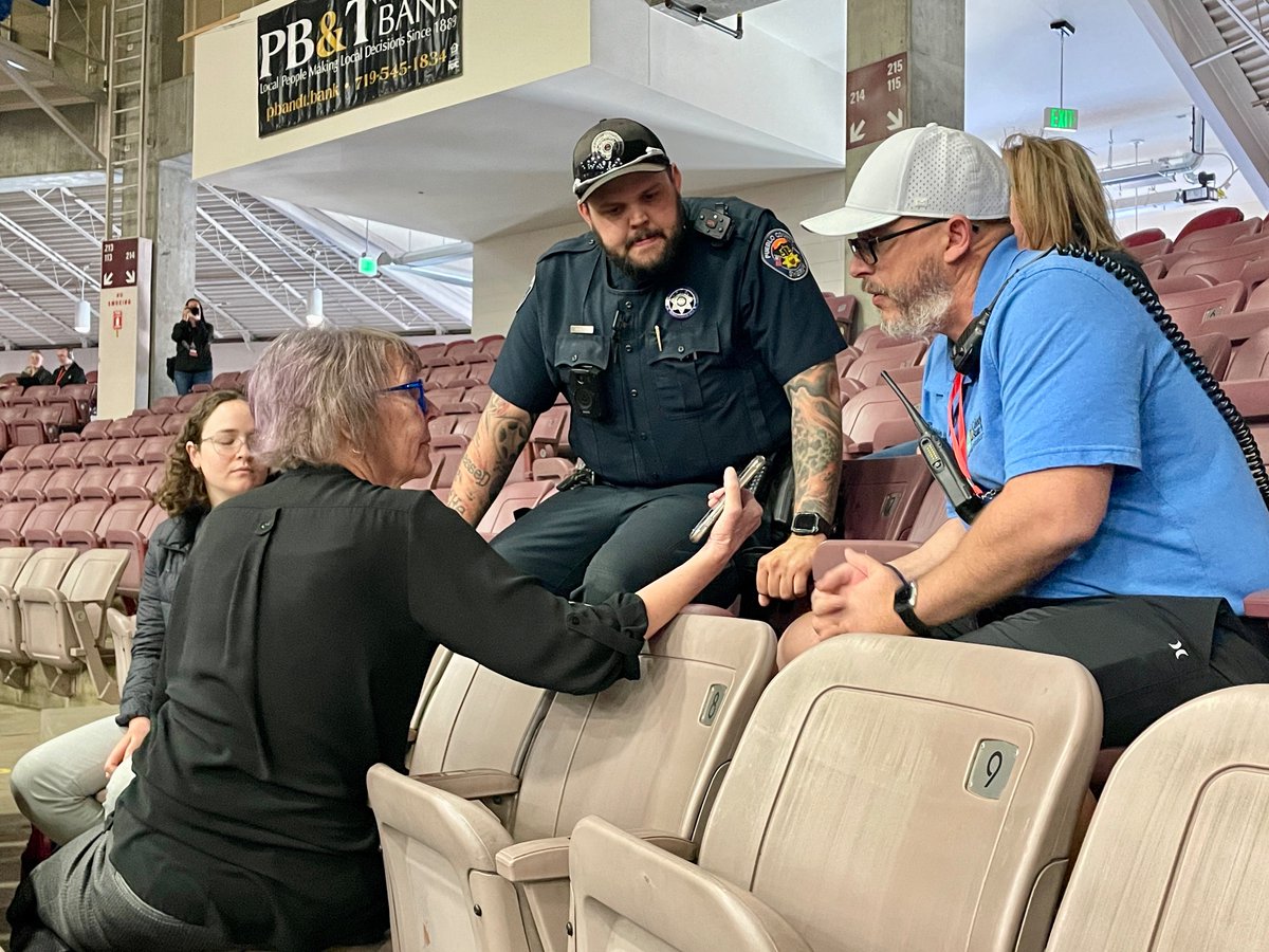 eluning's tweet image. At @cologop state assembly in Pueblo just now, @ColoradoSun reporter Sandra Fish @fishnette . ejected from arena by sheriff’s deputy after party’s event manager said GOP chairman “believes current reporting to be very unfair” #copolitics