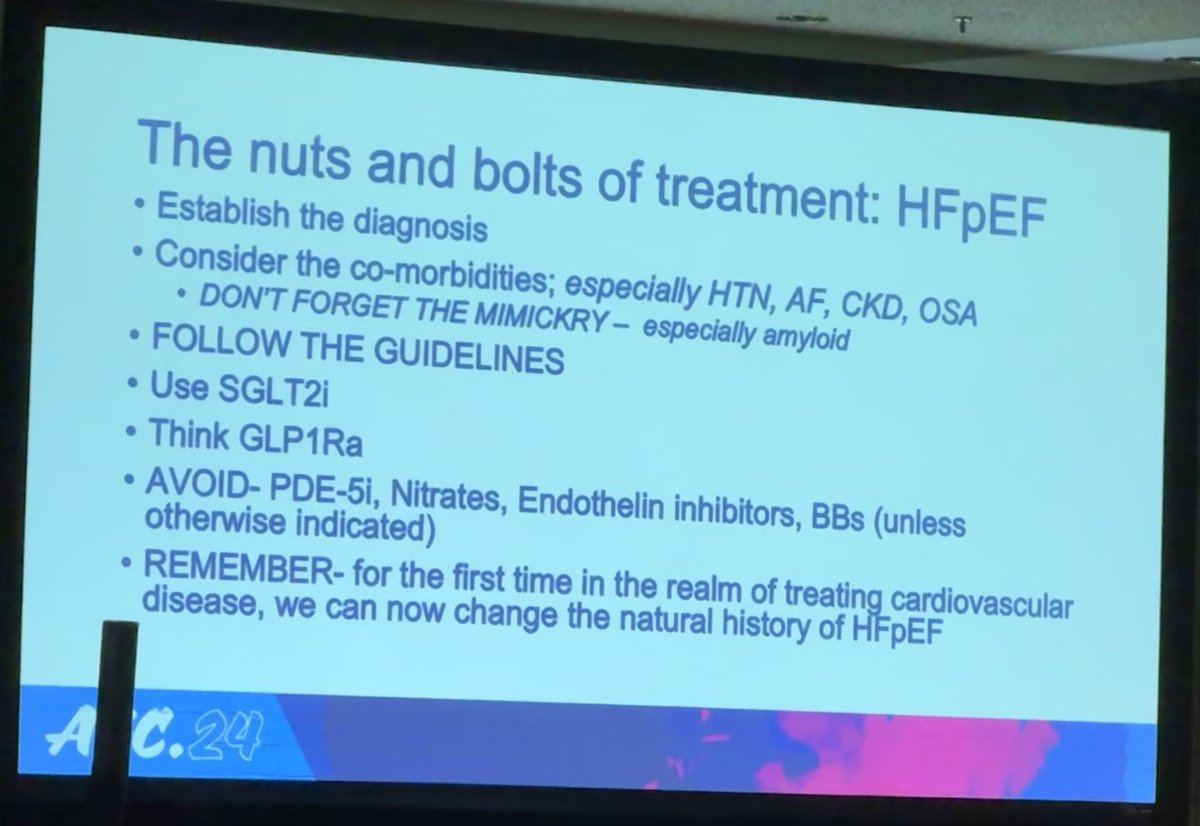 Take home points from @NMHheartdoc on the management of HFpEF. Are you routinely using SGLT2i and GLP1ra drugs? #ACC24