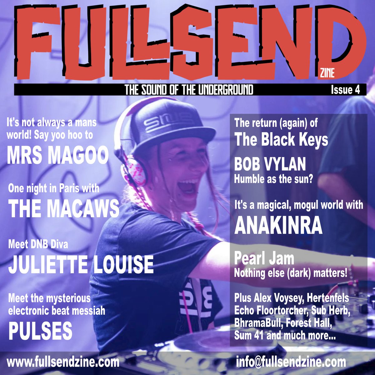 The April issue of Full Send Zine is now live and & packed with great interviews, reviews & news from the sounds of the underground including: @MrsMagoo_DnB @juliettelouise @Themacaws1 @pulsesnotts @theblackkeys @BobbyVylan @bhramabull @ForestHall19 fullsendzine.com