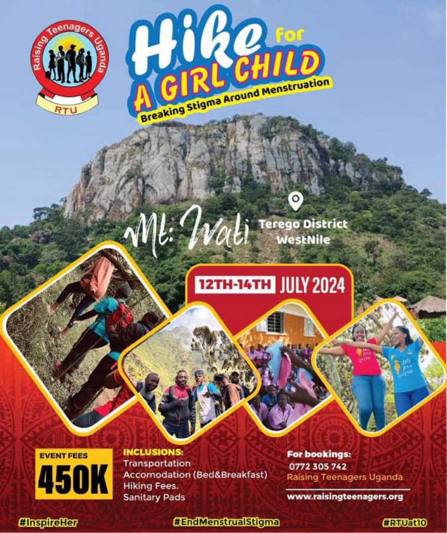 From 12th - 14th July we hike for the girl child as we break stigma around menstruation 🩸 
Happening in Terego District 
Register now at only 450k 

#Hike4GirlsUg
#EndMemstrualStigma
#RTUAt10