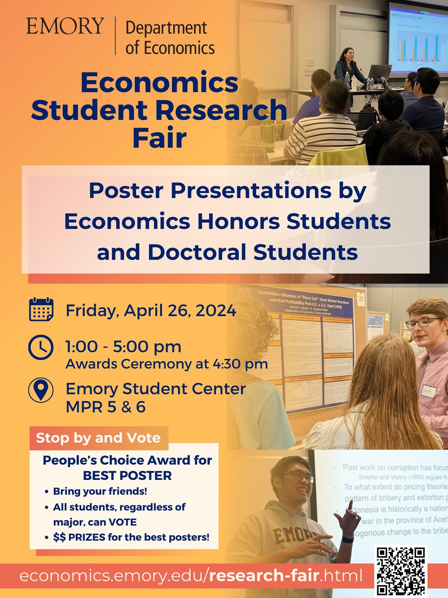 Great tips from @EmoryEconomics grad students @pabloestradac & @hannalynnglenn for creating a poster for our Student Research Fair 📅 Fri, 4/26. All @EmoryUniversity students are invited to vote for their favorite in our People's Choice Award! @laneygradschool @emorycollege