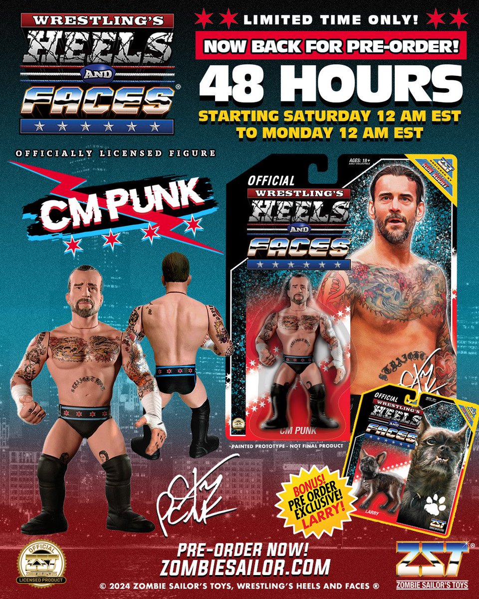 Due to popular demand and in celebration of the biggest weekend in Wrestling, CM PUNK and LARRY are back up for 48 hours!

If you missed this insanely detailed figure set, now is your chance to get the hottest Heels and Faces figure(s) ever made!

#cmpunk #heelsandfaces