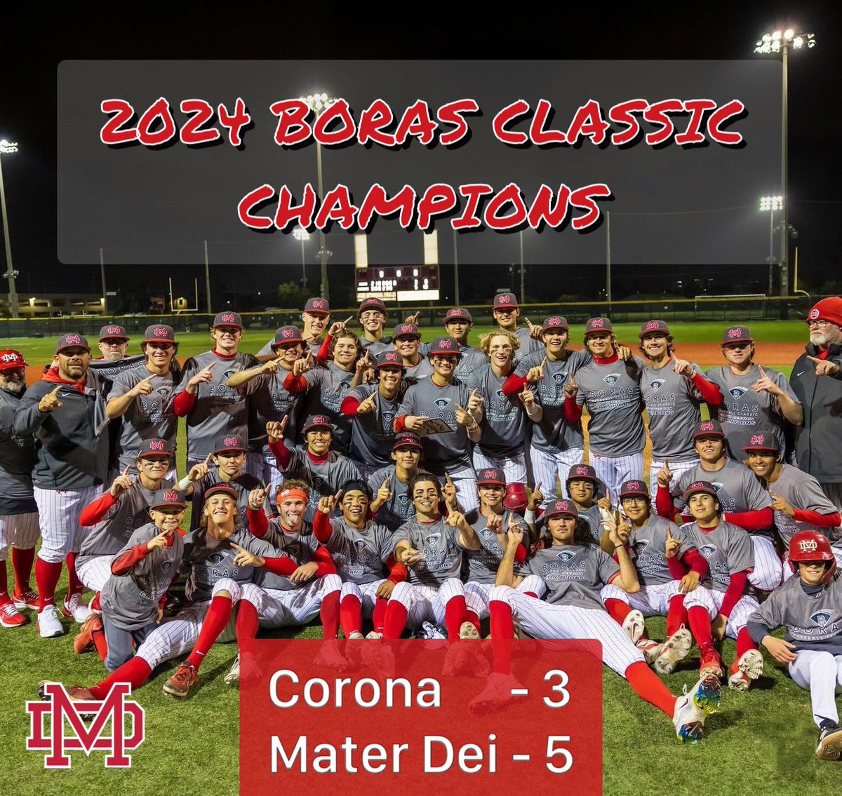 Monarchs are the 24 Boras Classic Champs! MD now play in the BC state championship game against Granite Hills on April 20th @ Santa Clara Univ.
TY to the Boras Foundation and sponsors. @MelissasProduce @wilsonballglove @DeMarini @ucihealth @ChickfilA @TheBorasClassic @mdathletics