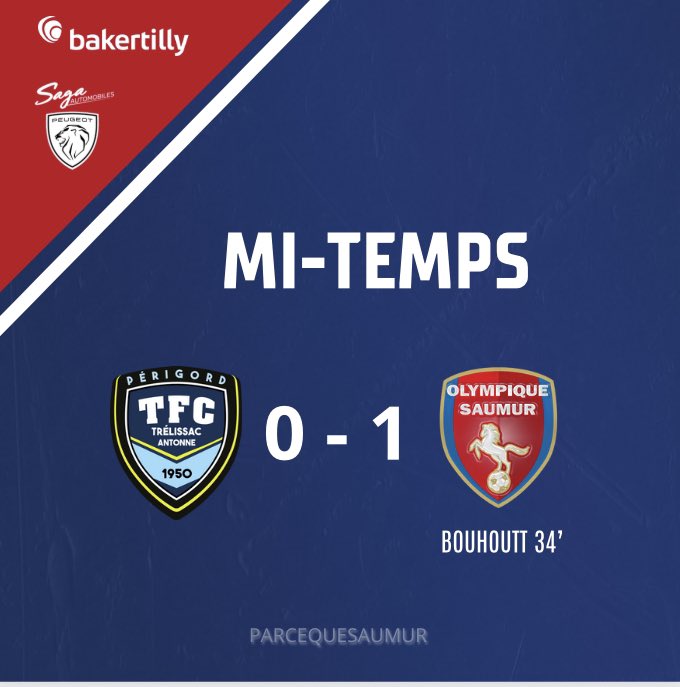[ MATCHDAY 2️⃣1️⃣ #N2 ] 

L’Olympique mène 1-0 face à <a href="/TrelissacFC/">Trélissac Antonne Périgord FC</a> à la mi-temps grâce à BOUHOUTT (34’) ⚽️

Il reste 45 minutes pour assurer les 3 points ! 

#PARCEQUESAUMUR 🔴🔵