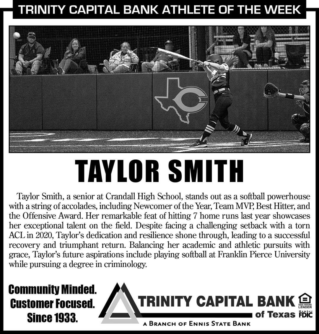 🥎 Crandall High School Athlete of the Week featured in The Forney Messenger! Congratulations, Taylor!