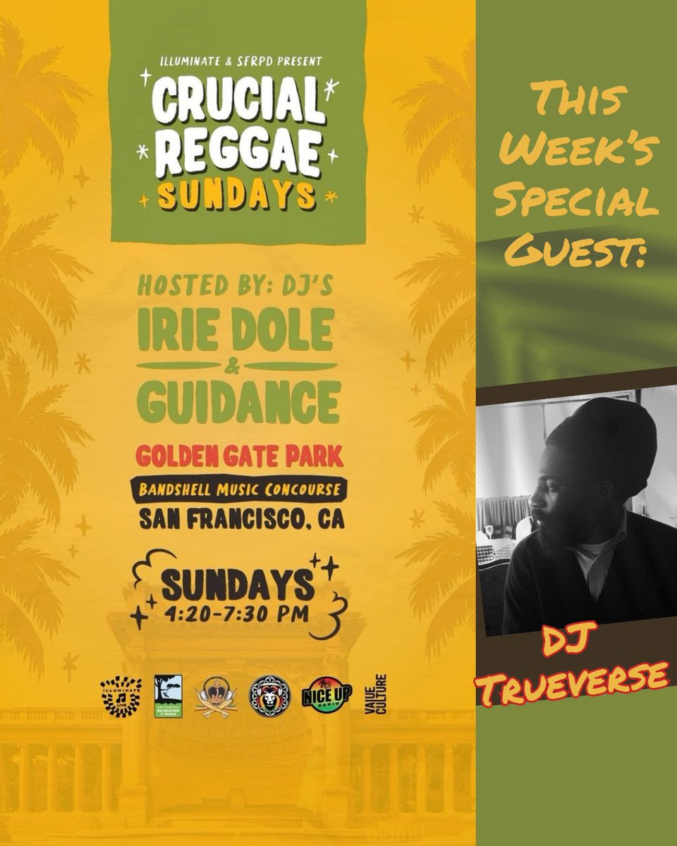 We'll see you at Crucial Reggae Sundays tomorrow, April 7! The Golden Gate Bandshell will host a free reggae show featuring: Hosts: Irie Dole DJ Guidance Special Guest: DJ Trueverse The vibes start at 4:20pm, all are welcome, come down and dance it out. @recparksf