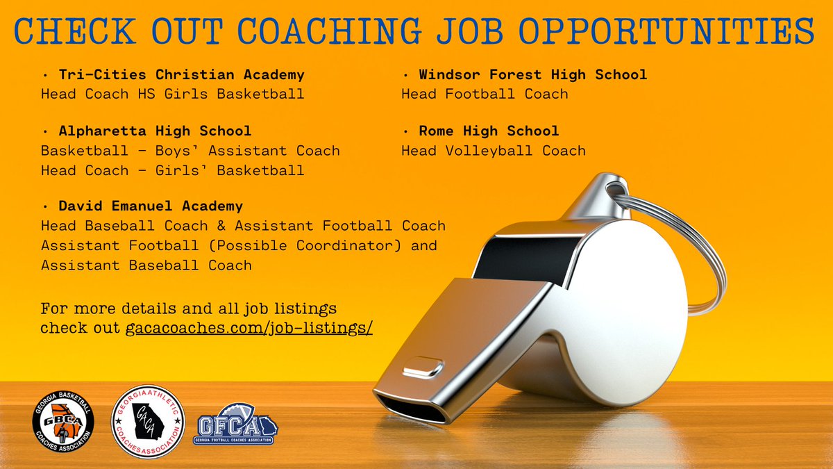 📢🏈 Exciting News Alert! 🏀⚾ Multiple Coaching Job Opportunities have been posted by several Georgia High Schools on the GACA website. For more details, check out 👉 gacacoaches.com/job-listings. • • • #Georgiahighschools #GACA #GBCA #GFCA #coachingjobopportunities #coachingjobs