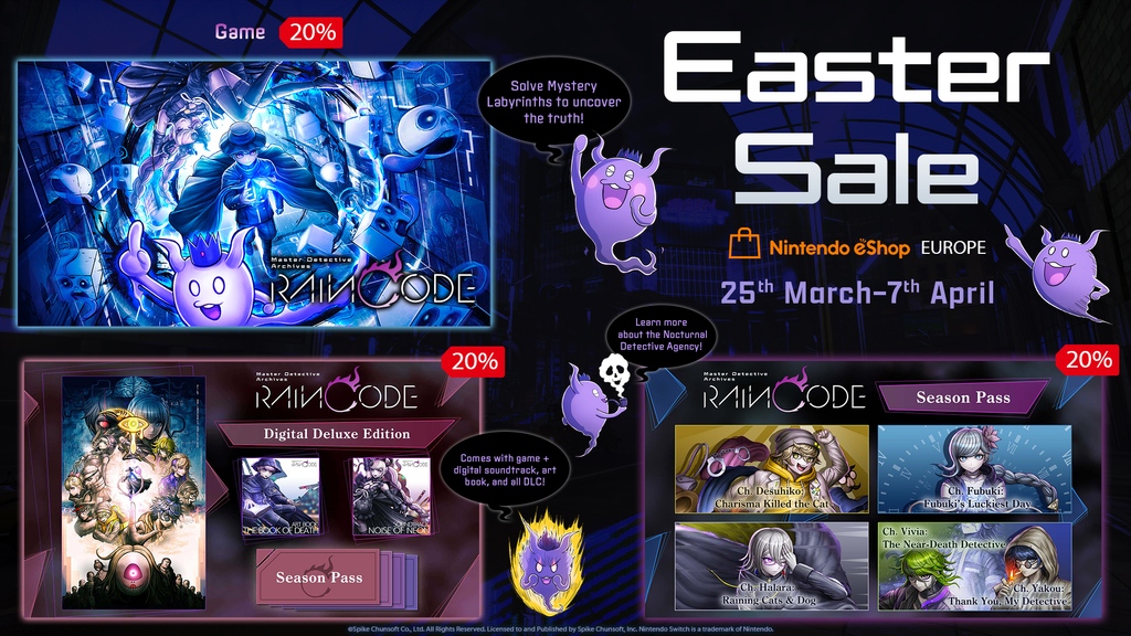 ☔Reminder☔ Don't miss out on the #Nintendo eShop Easter Sale, ending on April 7th! Shinigami is waiting for you to join the adventure of Master Detective Archives: RAIN CODE! Check out below for more information: spike-chunsoft.com/sale/easter-sa… #RAINCODE