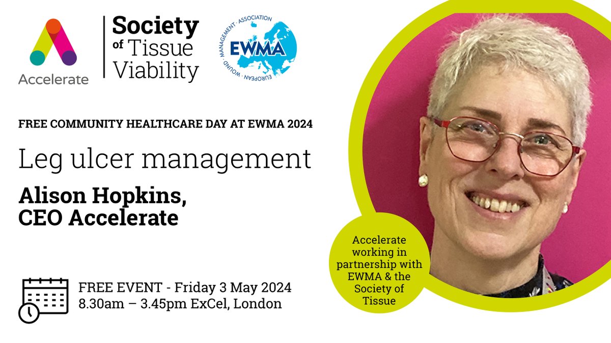 We are very excited about the FREE Community Healthcare Day at #EWMA2024 - in partnership with @SoTV_UK - there's a truly fantastic programme with @AlisonHopkins01 talking Leg Ulcer Management and much more. Find out more and book your FREE place now acceleratecic.com/community-heal…