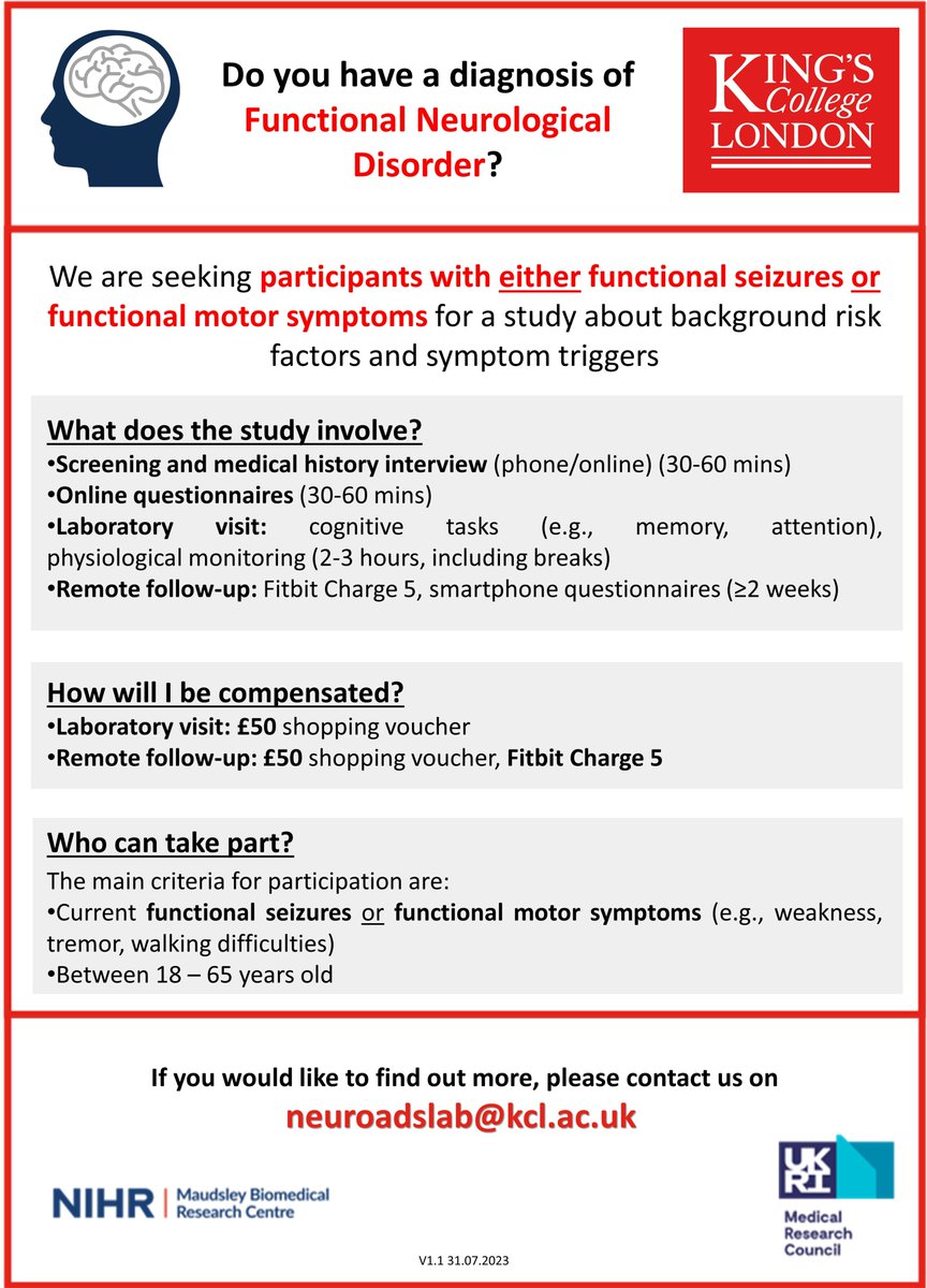 NEUROADS Lab (@neuroads_lab) on Twitter photo We are currently seeking participants in the UK with #FND who experience *either* functional motor symptoms *or* functional seizures for our study on their shared/distinct causes and mechanisms. Please get in touch if interested or RT. Thank you <a href="/FNDHopeUK/">FNDHopeUK</a> <a href="/FNDAction/">FND Action</a> <a href="/NEAD_UK/">Functional Seizures</a> We are currently seeking participants in the UK with #FND who experience *either* functional motor symptoms *or* functional seizures for our study on their shared/distinct causes and mechanisms. Please get in touch if interested or RT. Thank you <a href="/FNDHopeUK/">FNDHopeUK</a> <a href="/FNDAction/">FND Action</a> <a href="/NEAD_UK/">Functional Seizures</a>