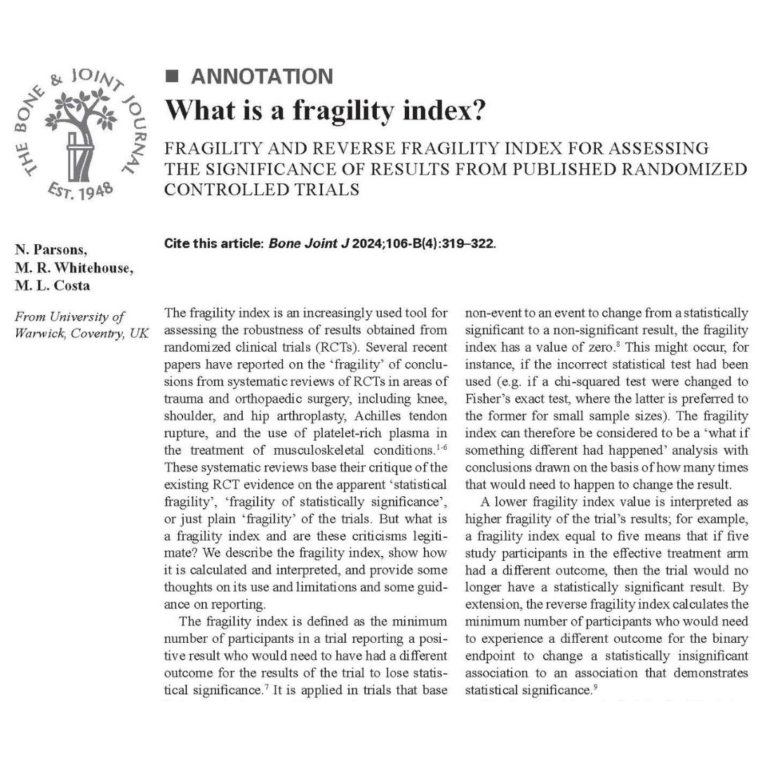 The fragility index is a useful metric for assessing the robustness of results from randomized clinical trials, but it should not be interpreted as a measure of the strength of an intervention effect. #BJJ #RCT #Research ow.ly/cOLS50R3sRw