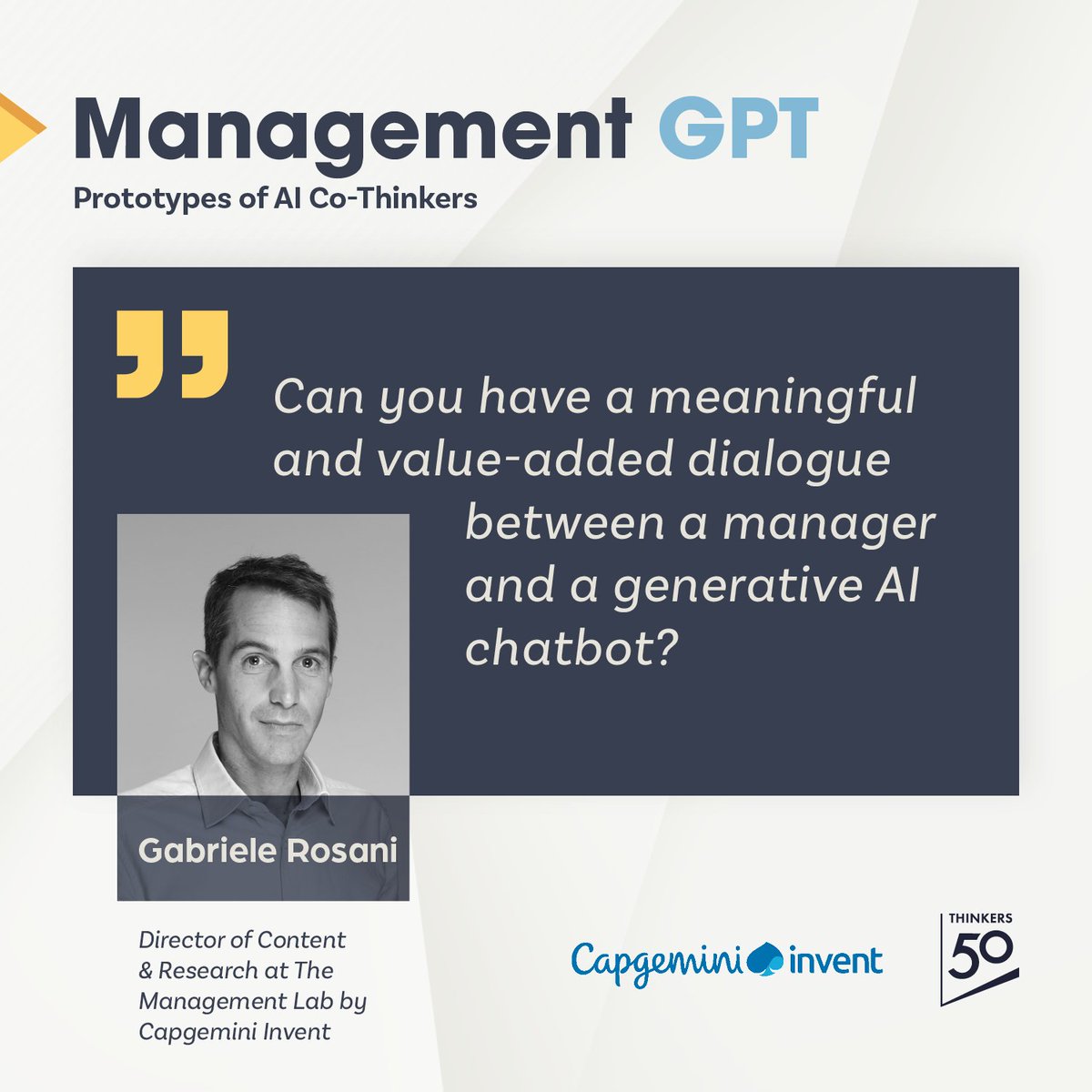 Discover the future of AI chatbots in management with @CapgeminiInvent & #Thinkers50! Dive into our report on AI's potential: thinkers50.com/blog/managemen… Gain insights from @leoncprieto, @GabrieleRosani, & Corey Crossan via thinkers50.com/blog/towards-a…