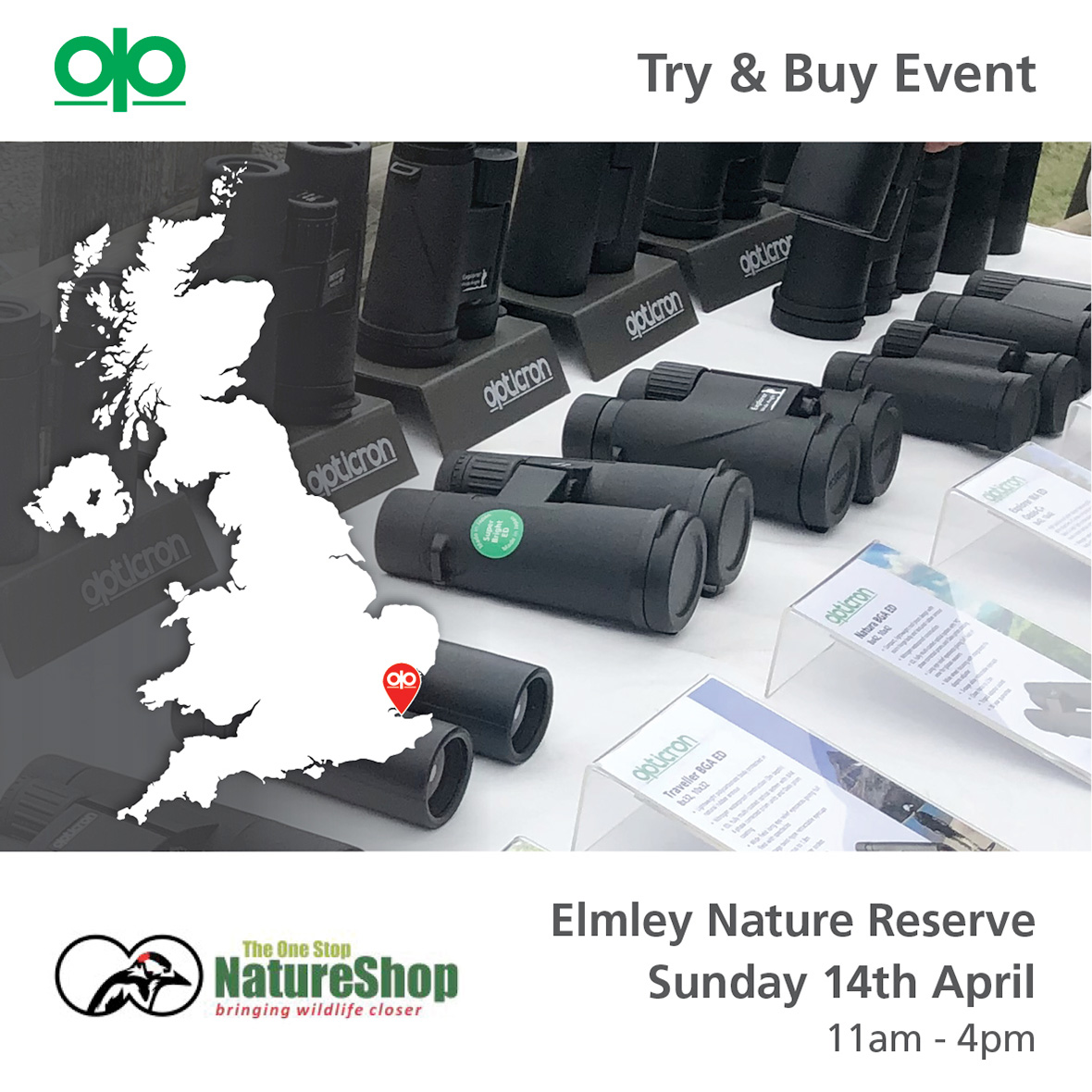 <a href="/onestopnature/">One Stop Nature Shop</a> are hosting an optics event at Elmley Marsh Nature Reserve in Kent on Sunday the 14th of April.

There'll be a wide range of Opticron binoculars and spotting scopes available to try and purchase, including the new Imagic IS 16x42 and MM3 80 GA ED spotting scope!