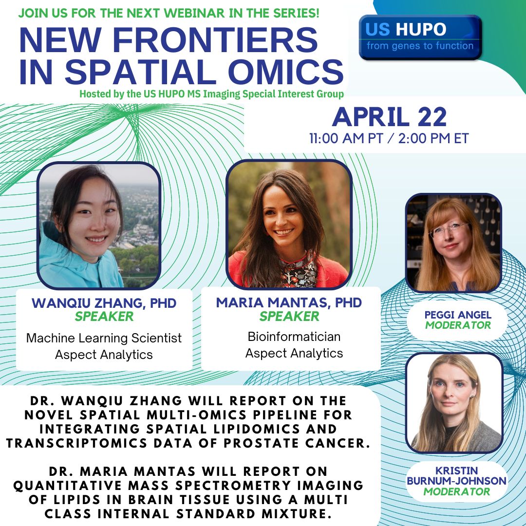 Join our webinar "New Frontiers in Spatial Omics" by US HUPO MS Imaging SIG on April 22! Dr. Wanqiu Zhang discusses spatial multi-omics for prostate cancer &amp; Dr. Maria Mantas on lipid imaging in brain tissue. Register now: bit.ly/43PHdwI